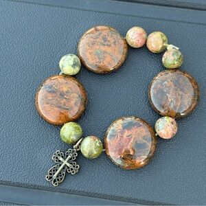 Polished Stone Cross Stretch Bracelet Christian Bohemian Natural Christ
